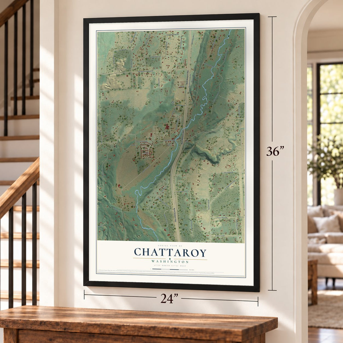 Chattaroy, Washington map, 24 x 36 inch print in a black frame by a staircase