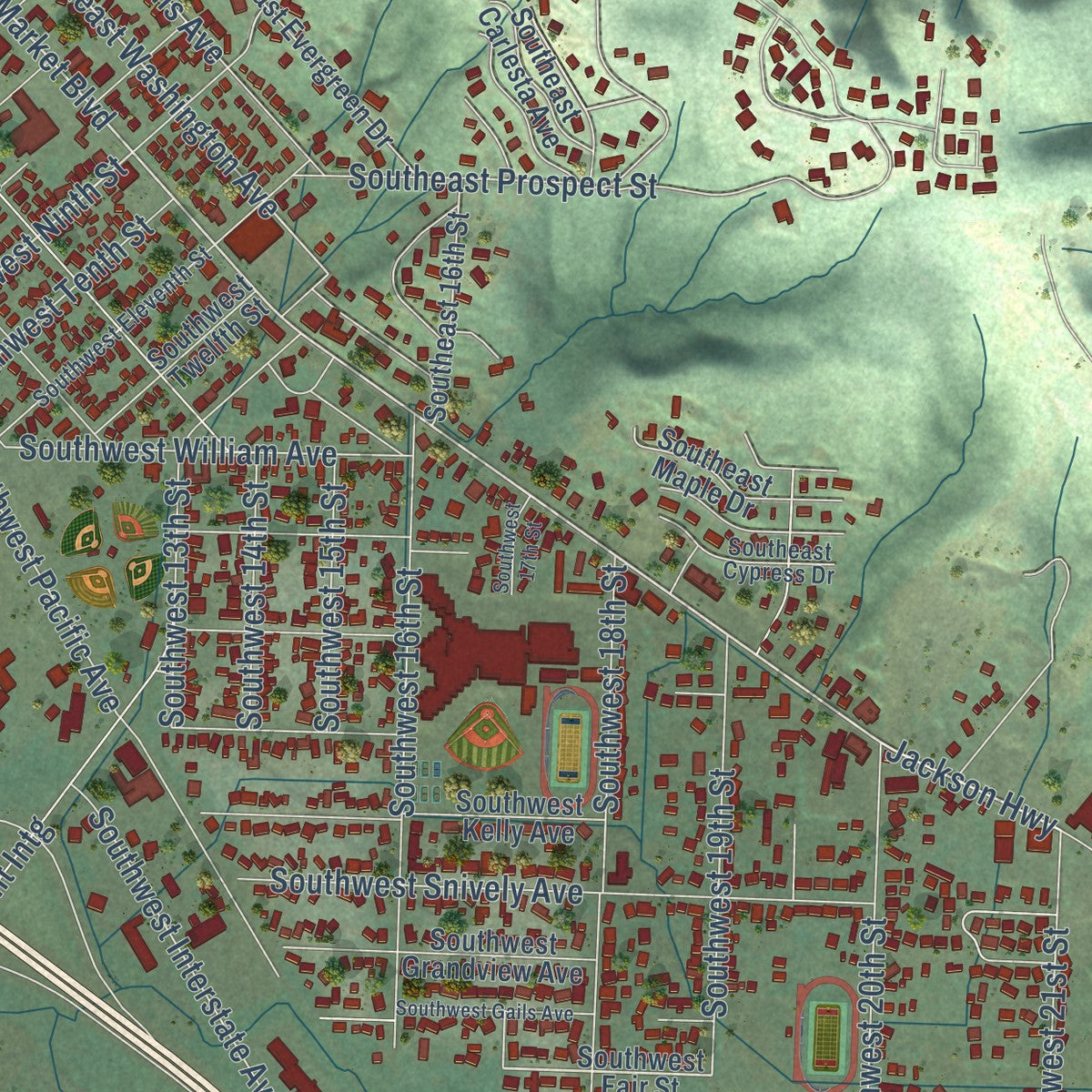 Close-up of the map of Chehalis, Washington print showing street and building detail