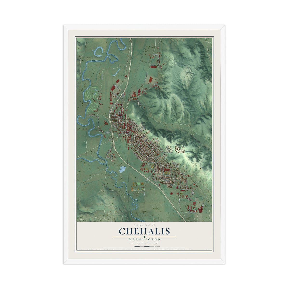 Map of Chehalis, Washington, 12 x 18 inch print in a white wood frame