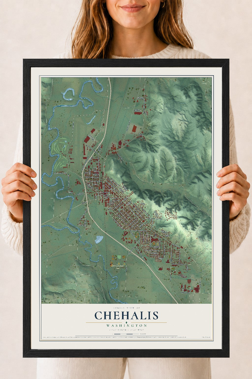 Map of Chehalis, Washington, 18 x 24 inch print in a black wood frame