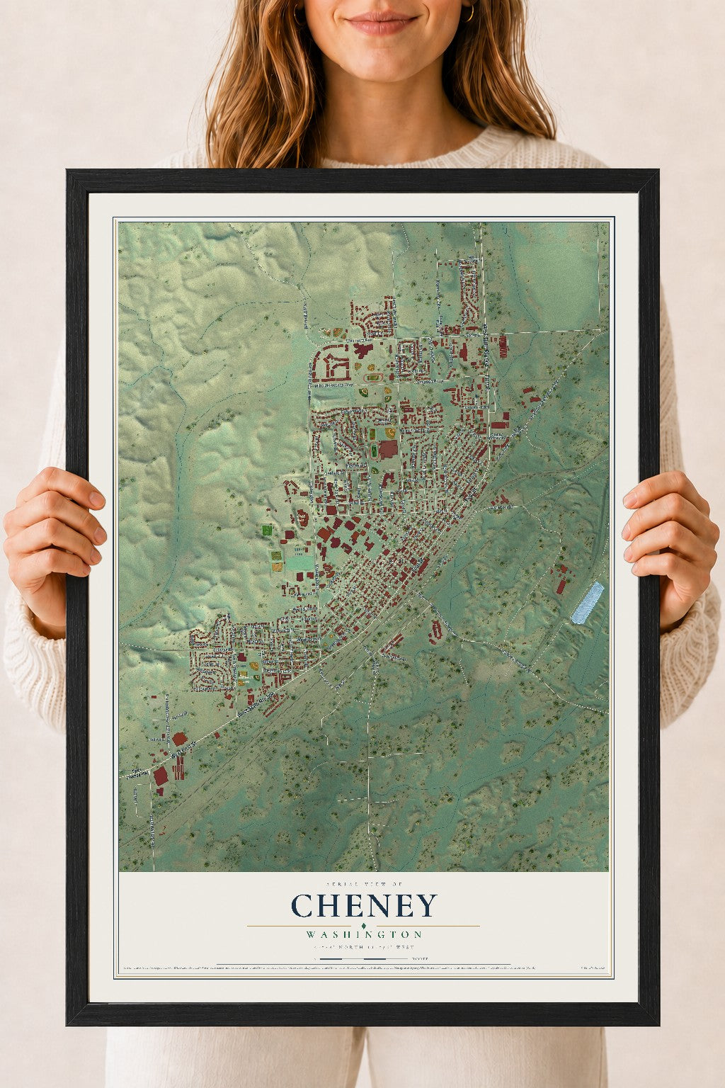 Map of Cheney, Washington, 18 x 24 inch print in a black wood frame