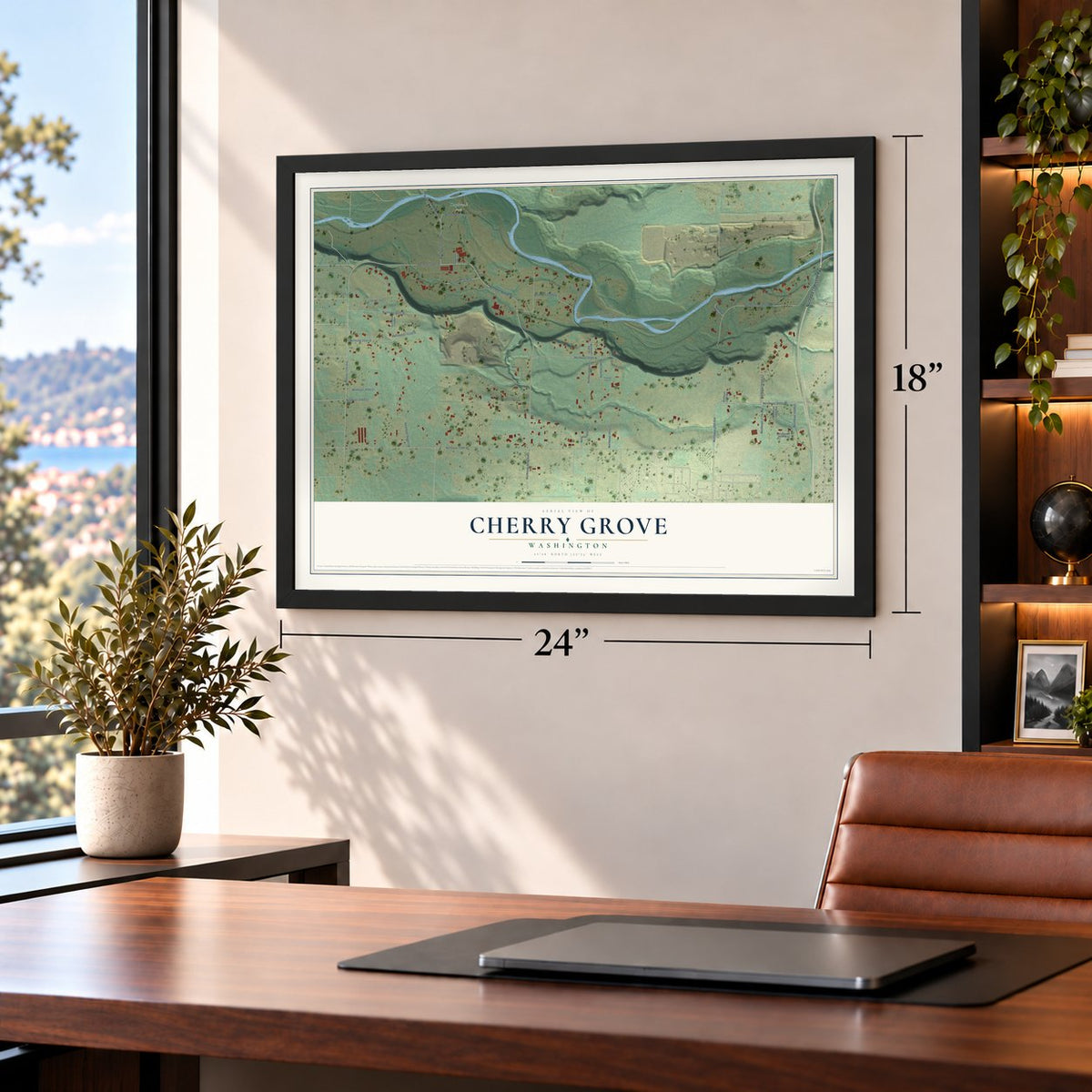 Cherry Grove, Washington map, 18 x 24 inch print in a black frame in a home office