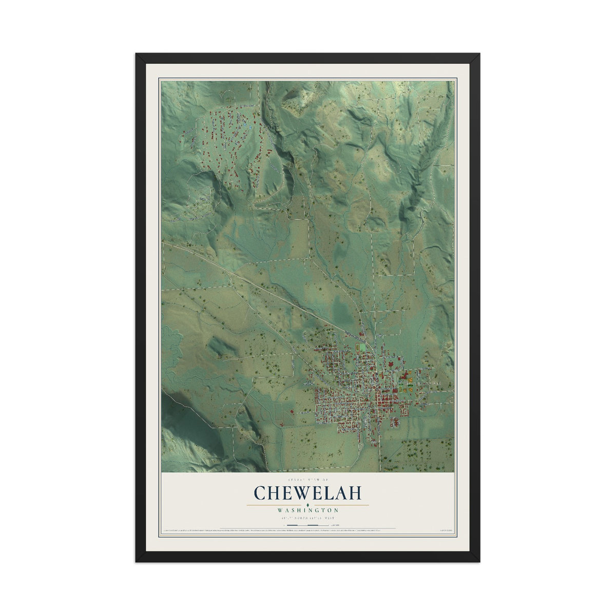 Map of Chewelah, Washington, 12 x 18 inch print in a black wood frame