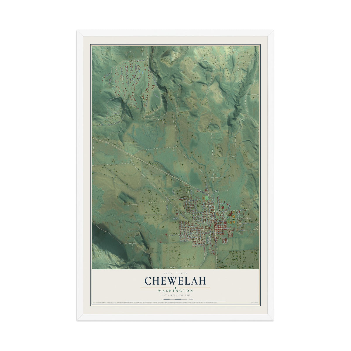Map of Chewelah, Washington, 12 x 18 inch print in a white wood frame