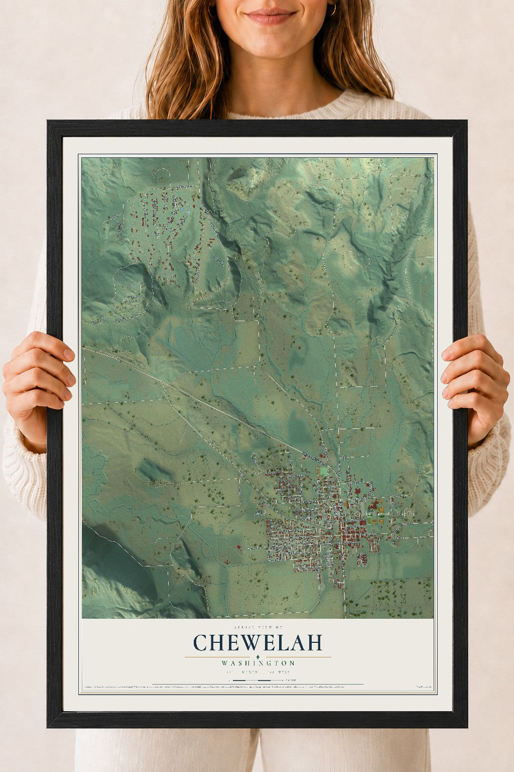 Map of Chewelah, Washington, 18 x 24 inch print in a black wood frame