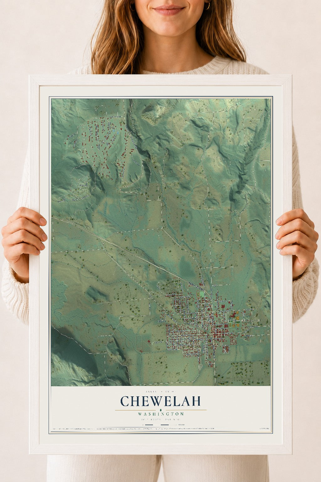 Map of Chewelah, Washington, 18 x 24 inch print in a white wood frame
