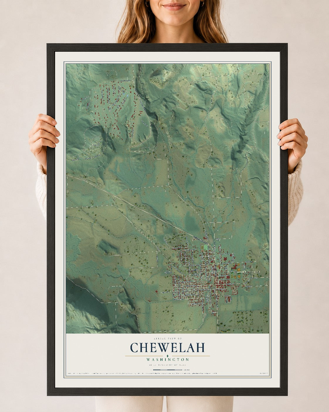 Map of Chewelah, Washington, 24 x 36 inch print in a black wood frame