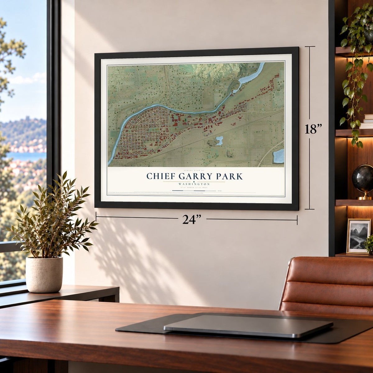 Chief Garry Park, Washington map, 18 x 24 inch print in a black frame in a home office