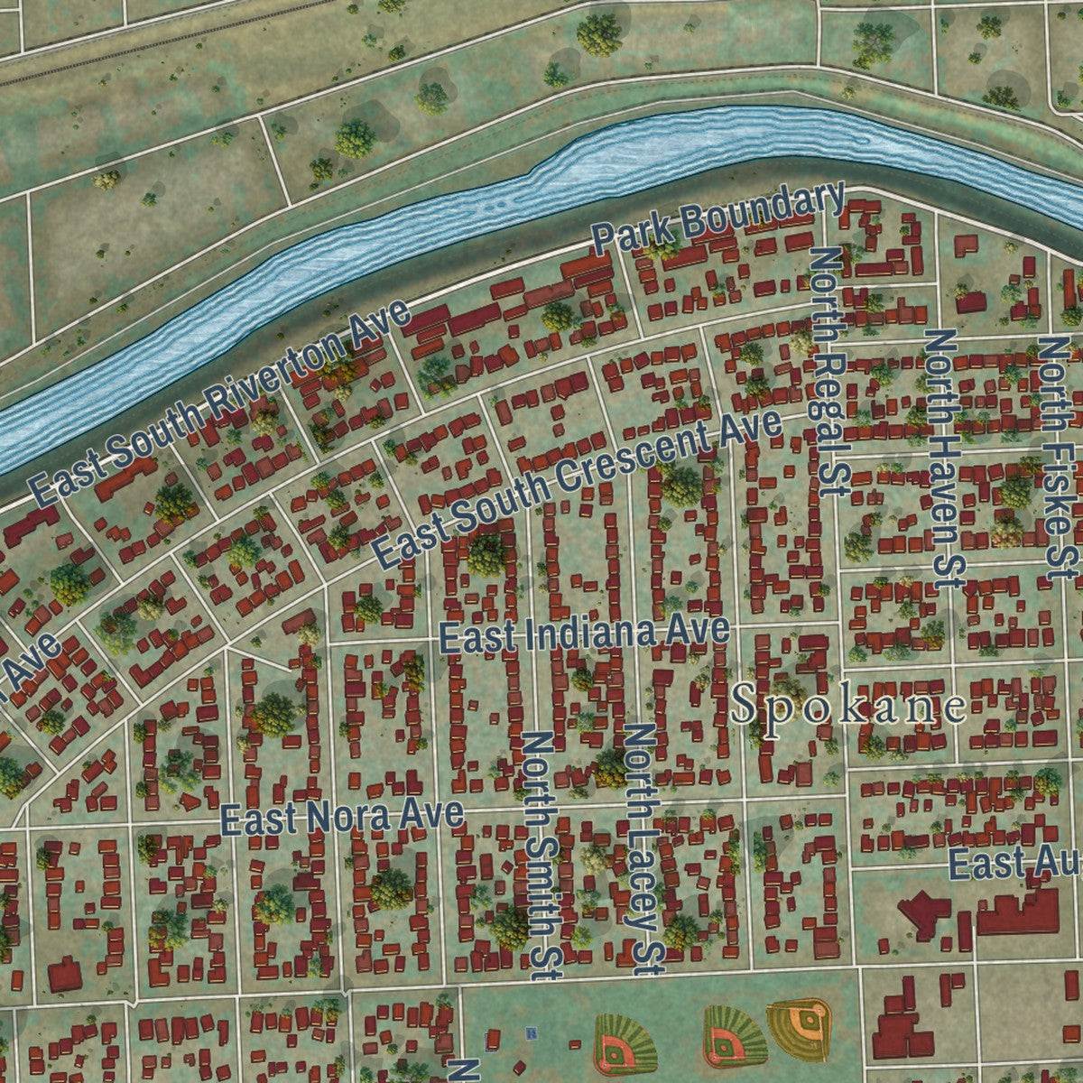 Close-up of the map of Chief Garry Park, Washington print showing street and building detail