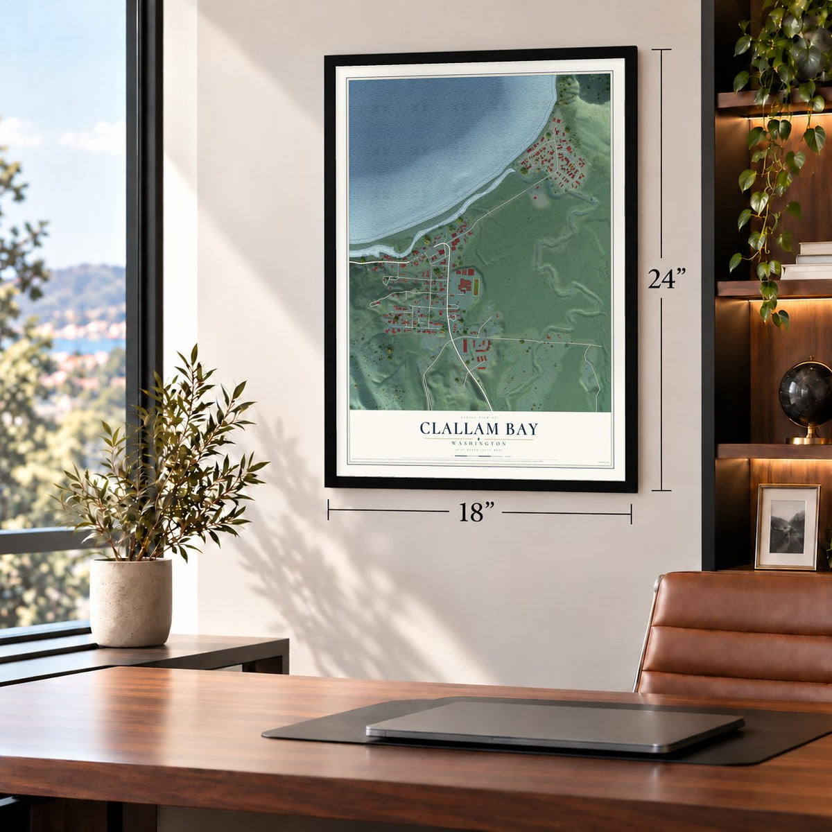 Clallam Bay, Washington map, 18 x 24 inch print in a black frame in a home office