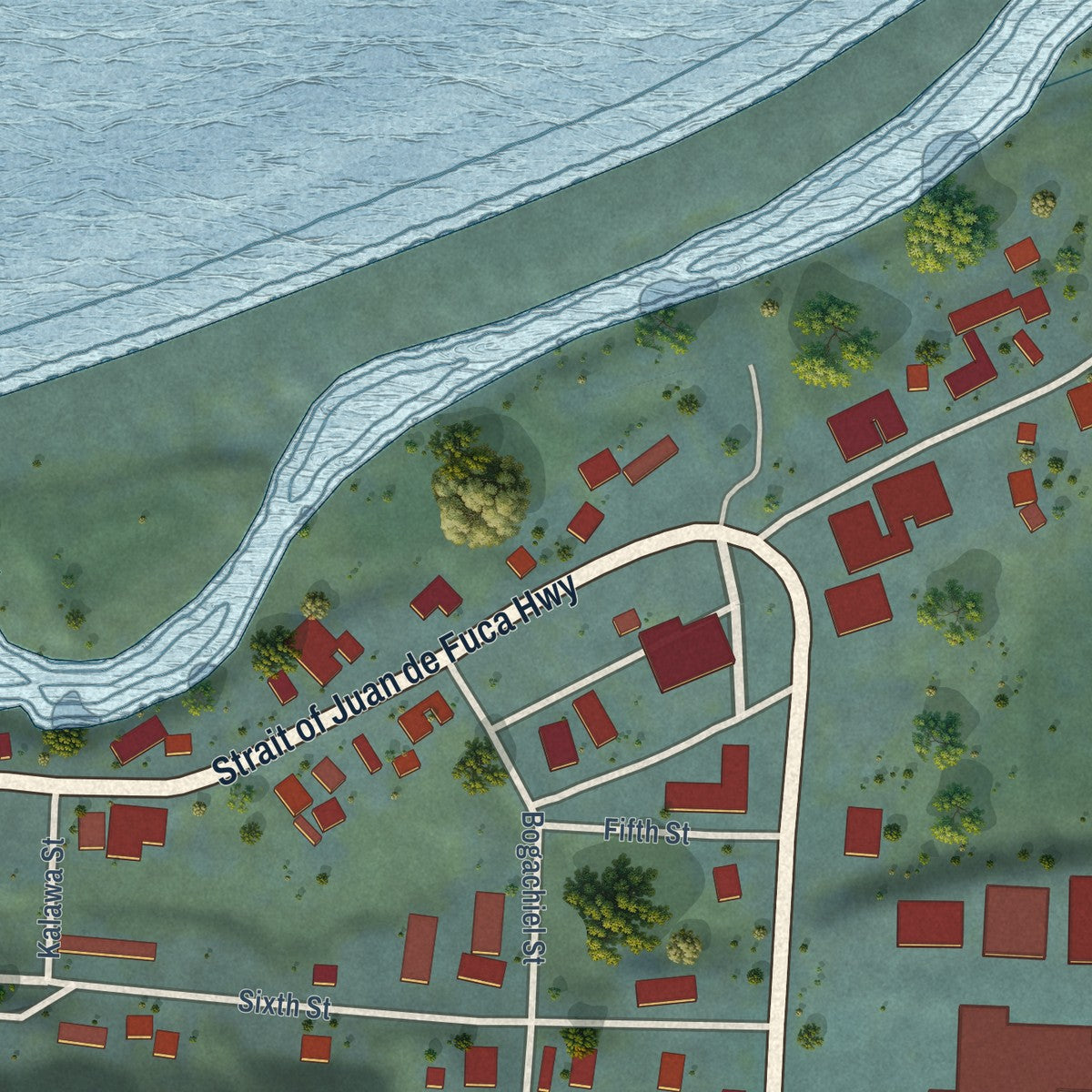 Close-up of the map of Clallam Bay, Washington print showing street and building detail