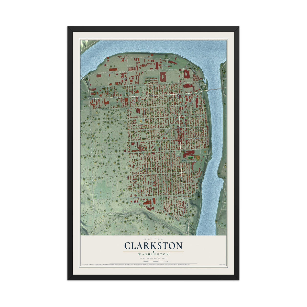 Map of Clarkston, Washington, 12 x 18 inch print in a black wood frame