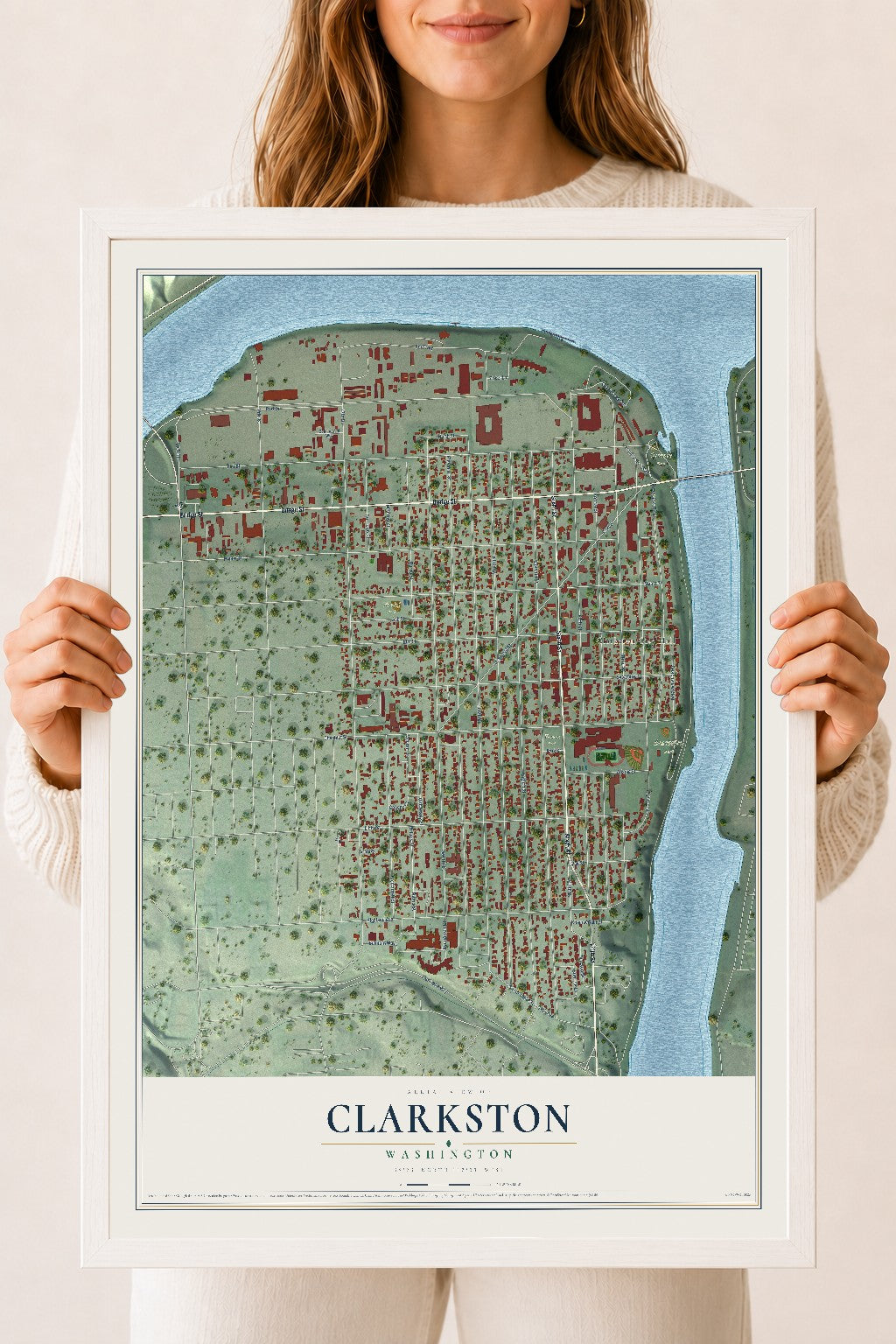 Map of Clarkston, Washington, 18 x 24 inch print in a white wood frame