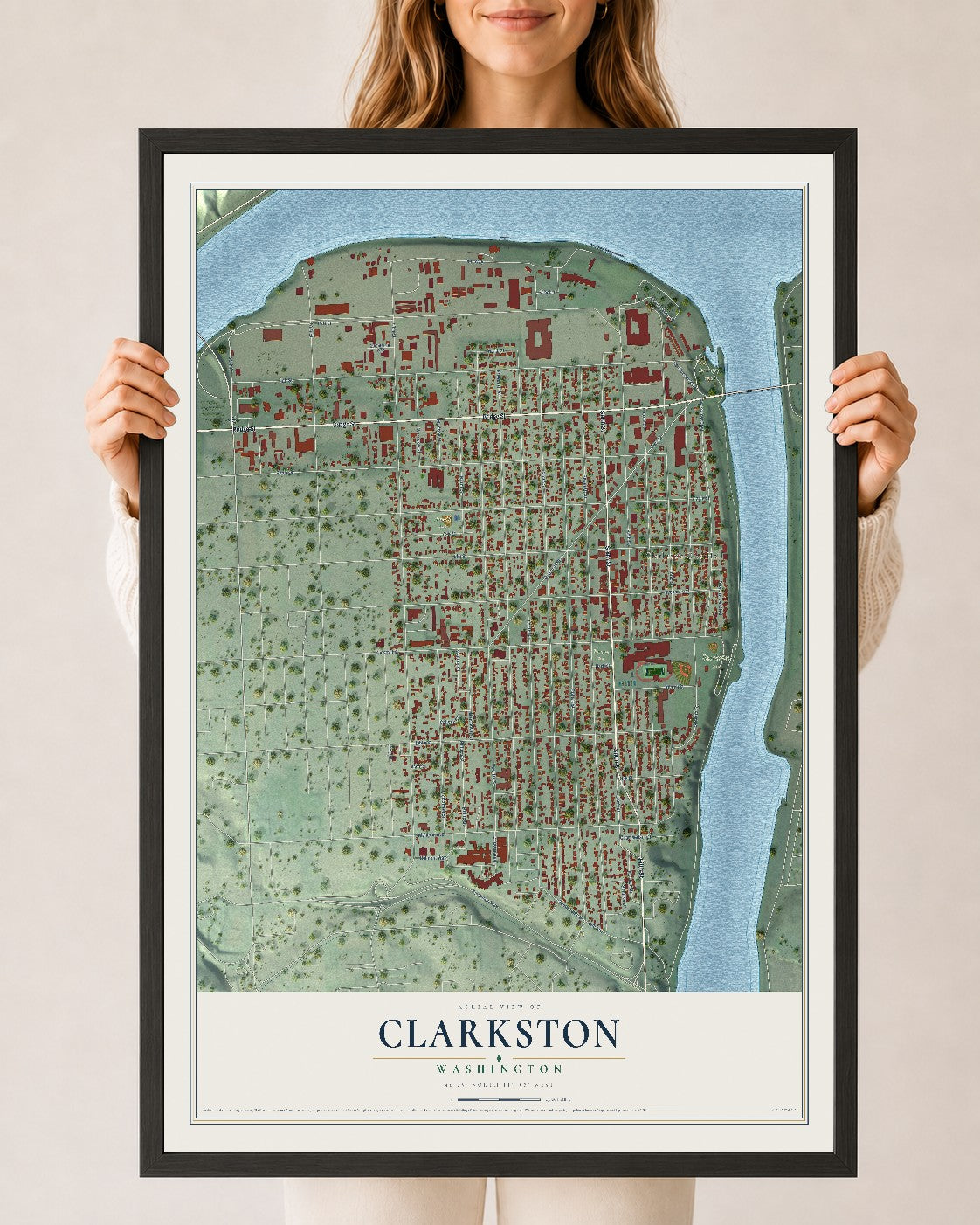 Map of Clarkston, Washington, 24 x 36 inch print in a black wood frame