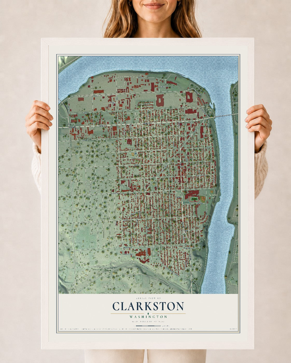 Map of Clarkston, Washington, 24 x 36 inch print in a white wood frame