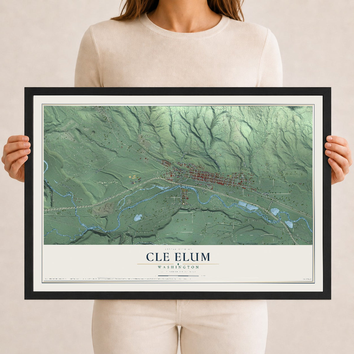 Map of Cle Elum, Washington, 12 x 18 inch print in a black wood frame