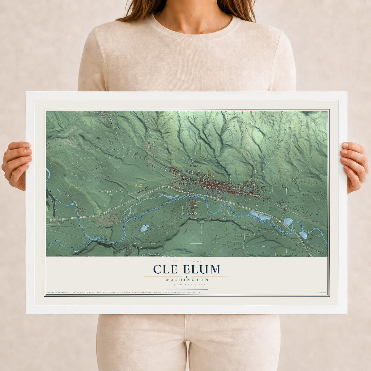 Map of Cle Elum, Washington, 12 x 18 inch print in a white wood frame