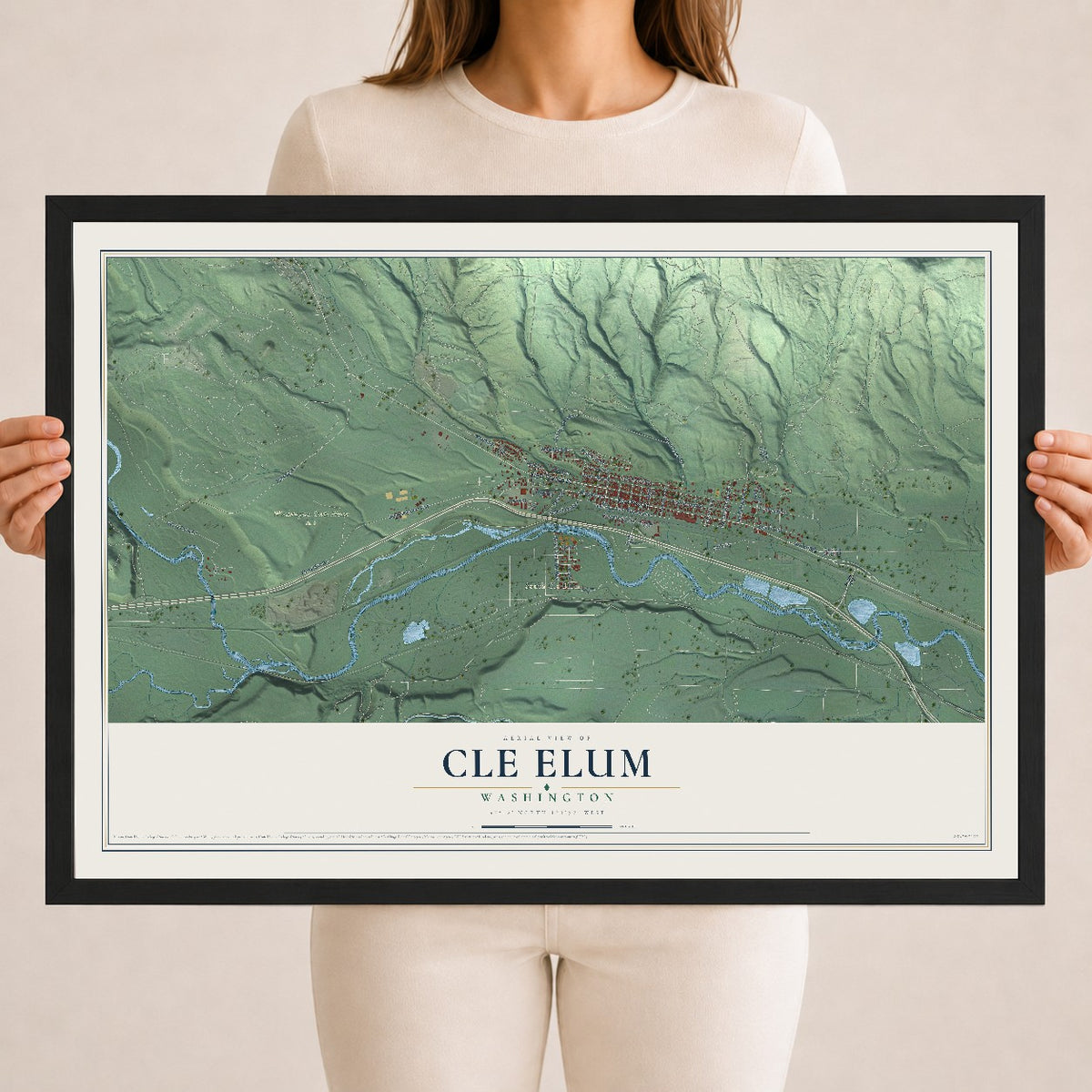 Map of Cle Elum, Washington, 18 x 24 inch print in a black wood frame
