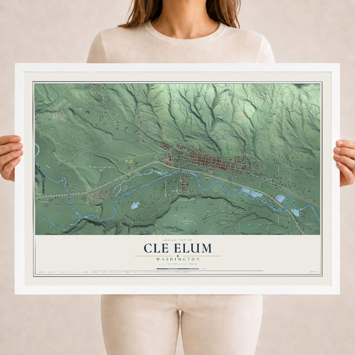 Map of Cle Elum, Washington, 18 x 24 inch print in a white wood frame