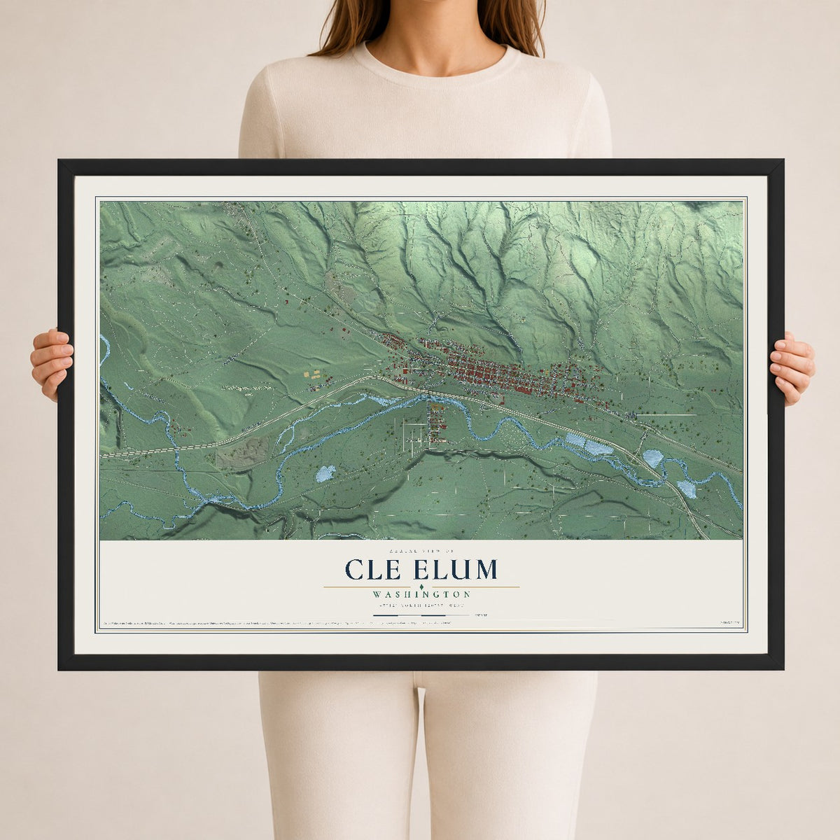 Map of Cle Elum, Washington, 24 x 36 inch print in a black wood frame