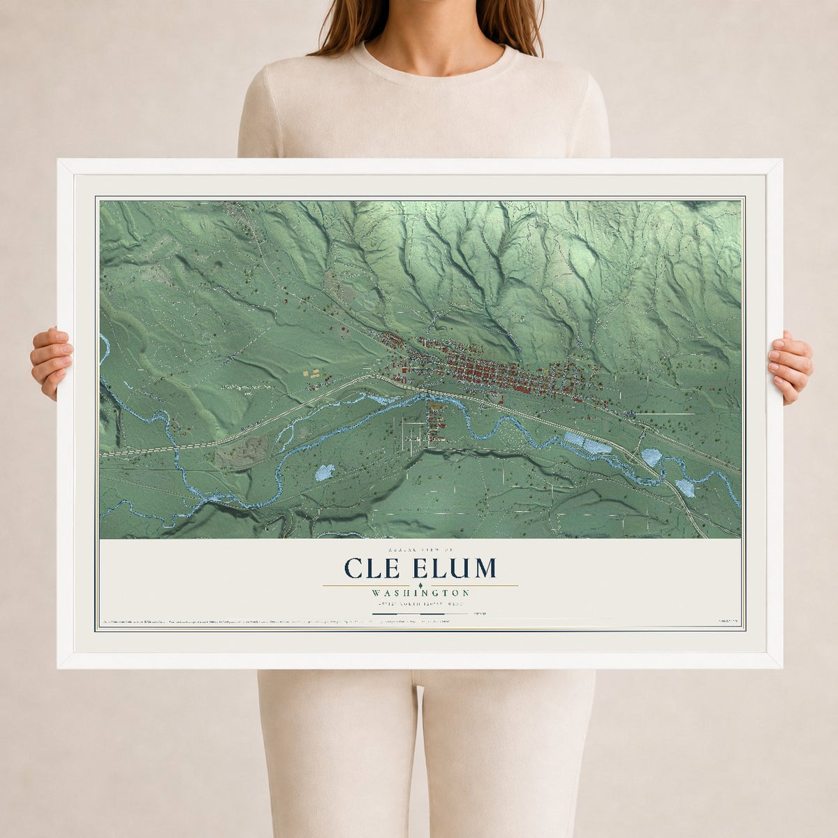 Map of Cle Elum, Washington, 24 x 36 inch print in a white wood frame