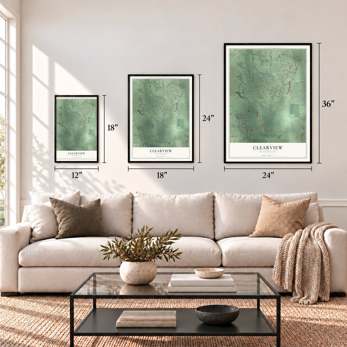 Clearview, Washington map in 12 x 18, 18 x 24 and 24 x 36 inch sizes above a sofa
