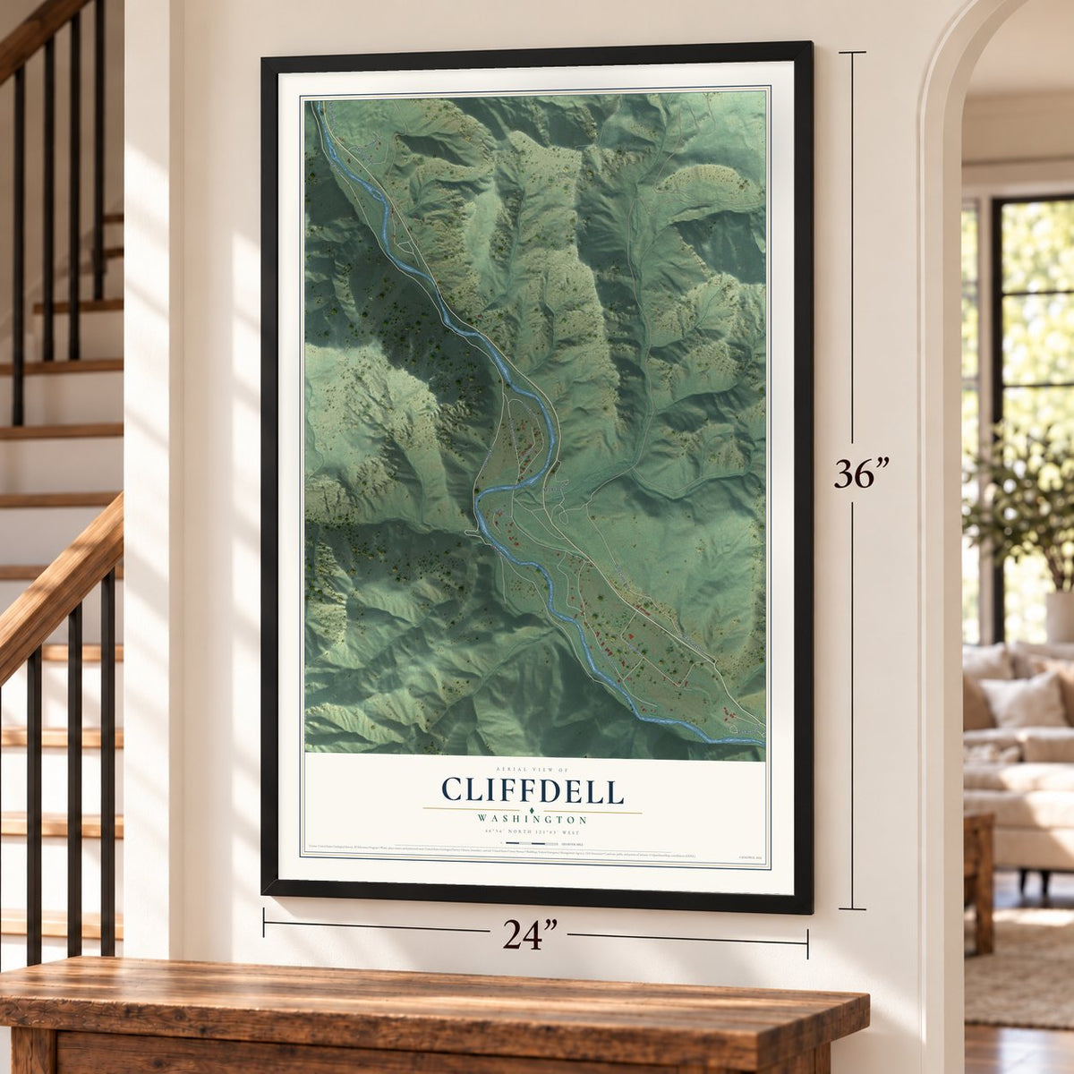 Cliffdell, Washington map, 24 x 36 inch print in a black frame by a staircase