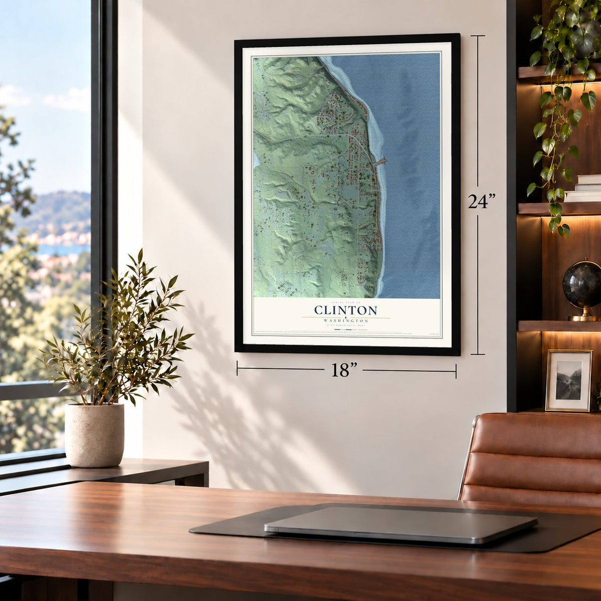 Clinton, Washington map, 18 x 24 inch print in a black frame in a home office
