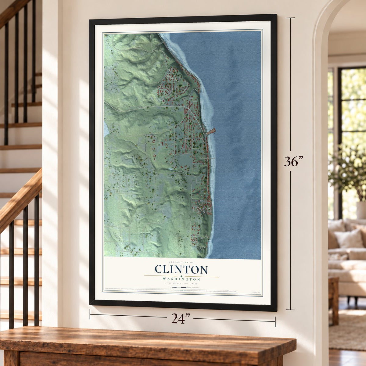 Clinton, Washington map, 24 x 36 inch print in a black frame by a staircase