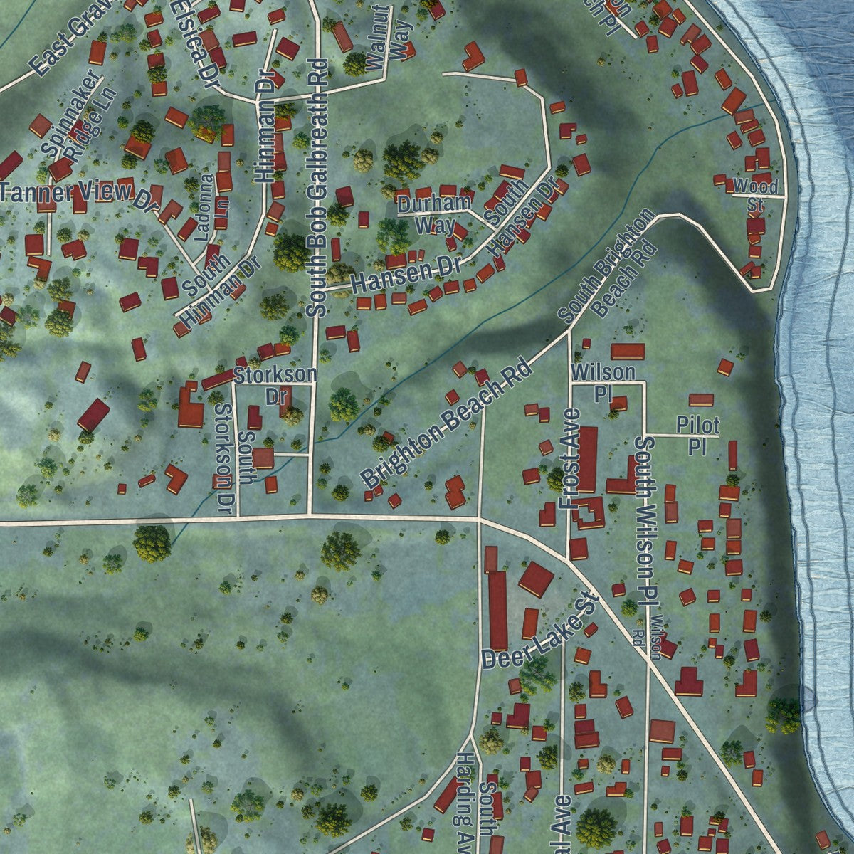 Close-up of the map of Clinton, Washington print showing street and building detail
