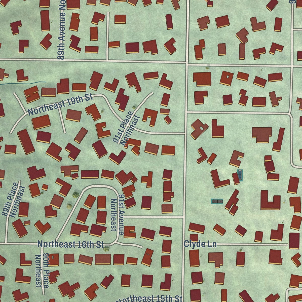 Close-up of the map of Clyde Hill, Washington print showing street and building detail