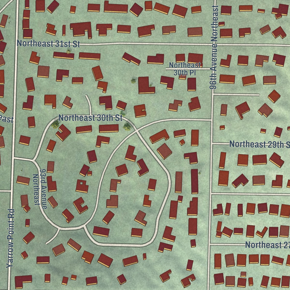Second close-up of the map of Clyde Hill, Washington print showing more streets and buildings