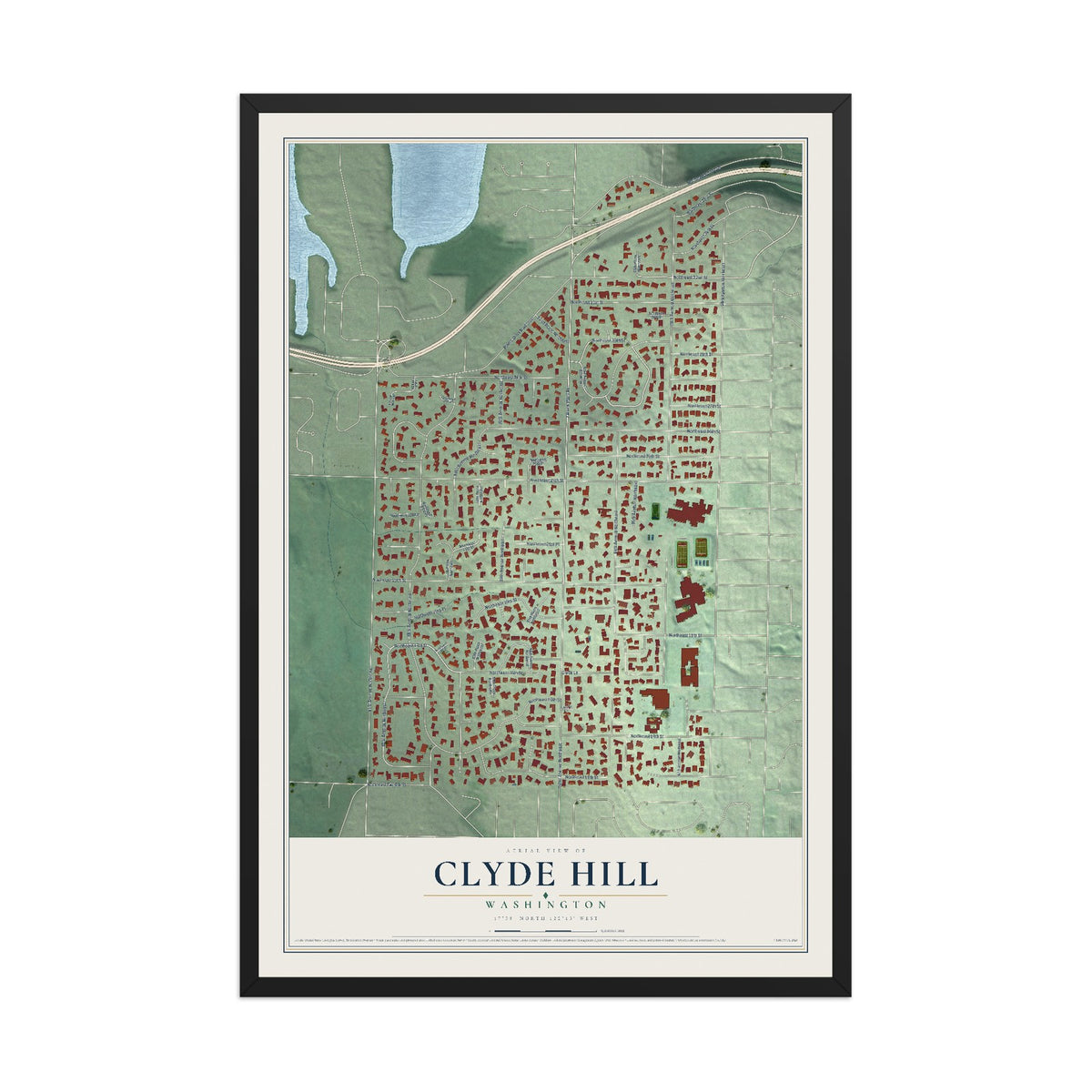 Map of Clyde Hill, Washington, 12 x 18 inch print in a black wood frame