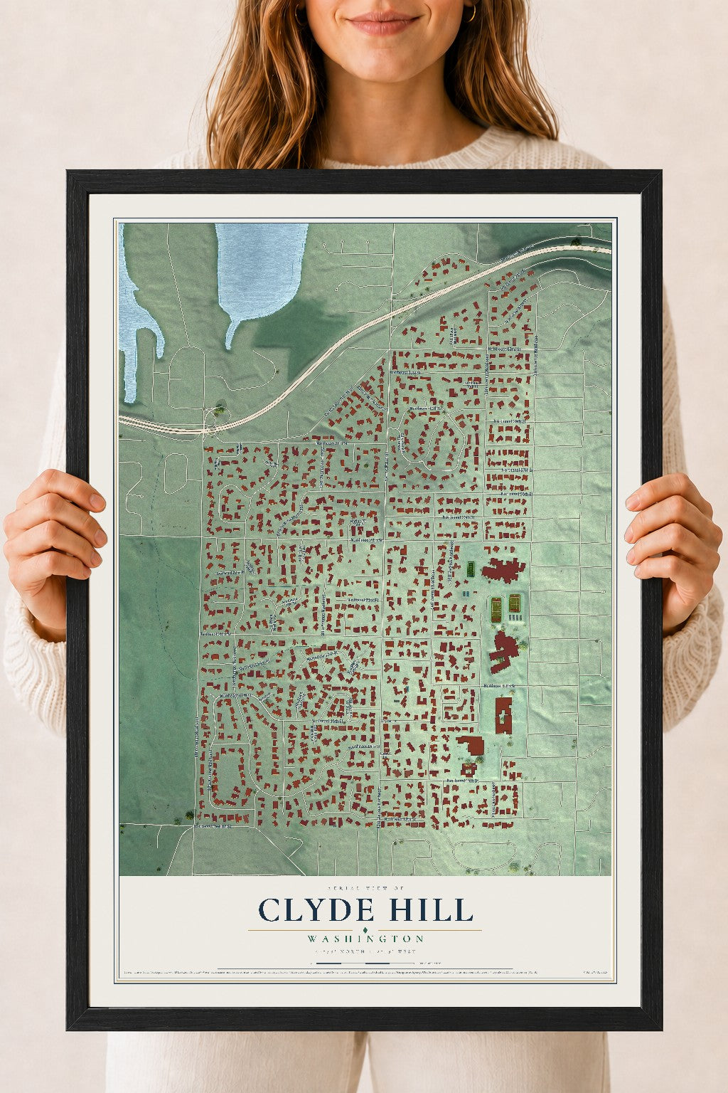Map of Clyde Hill, Washington, 18 x 24 inch print in a black wood frame