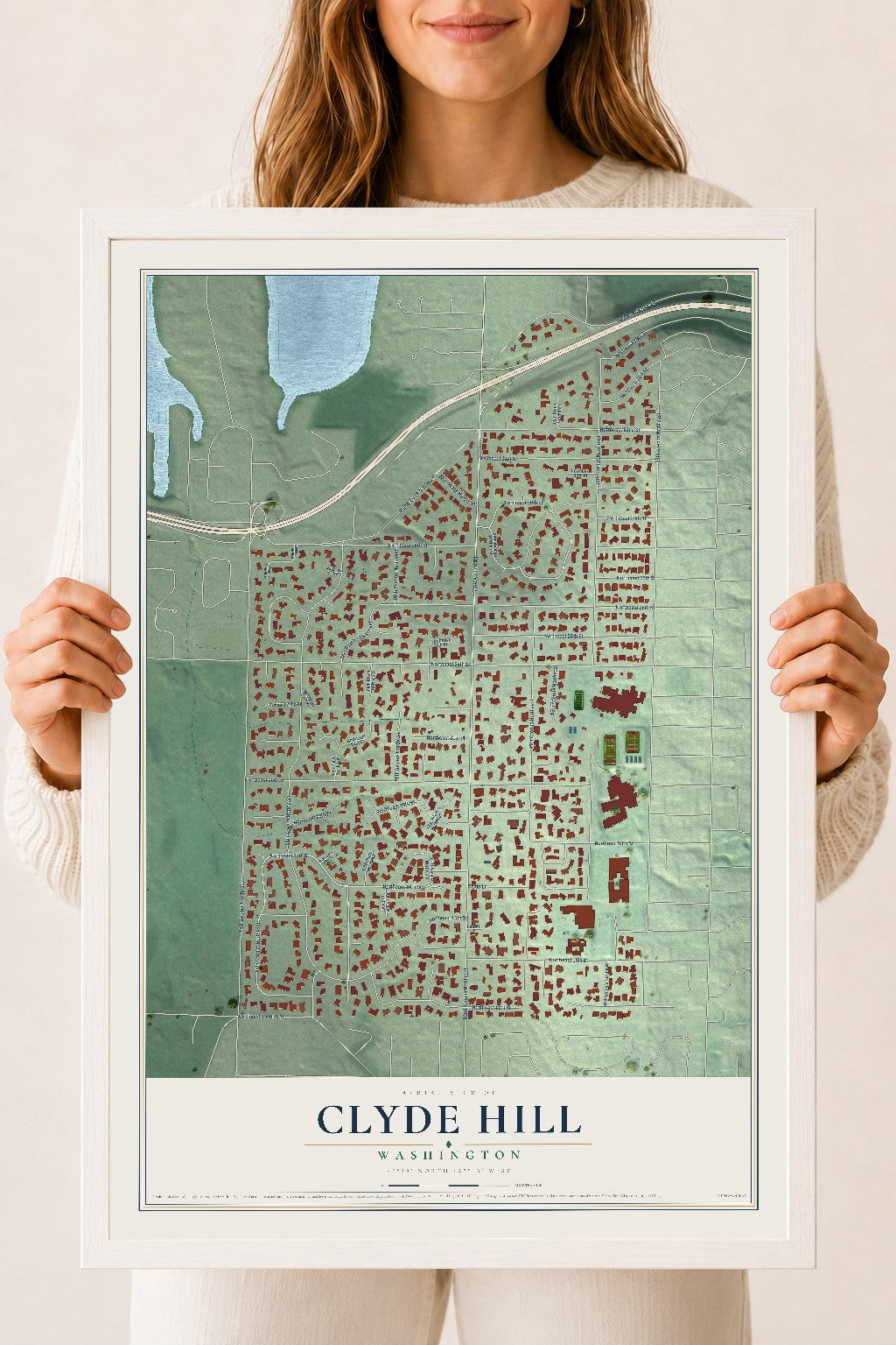 Map of Clyde Hill, Washington, 18 x 24 inch print in a white wood frame