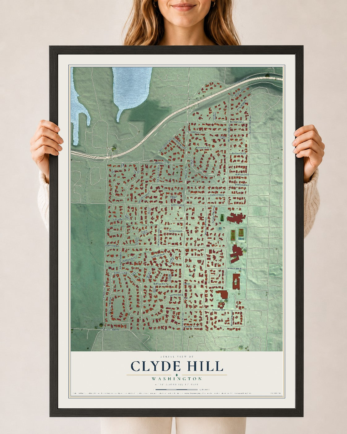 Map of Clyde Hill, Washington, 24 x 36 inch print in a black wood frame