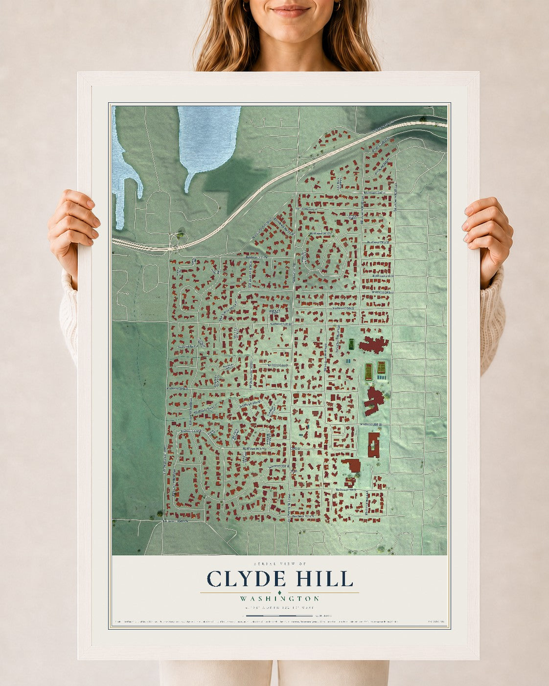 Map of Clyde Hill, Washington, 24 x 36 inch print in a white wood frame