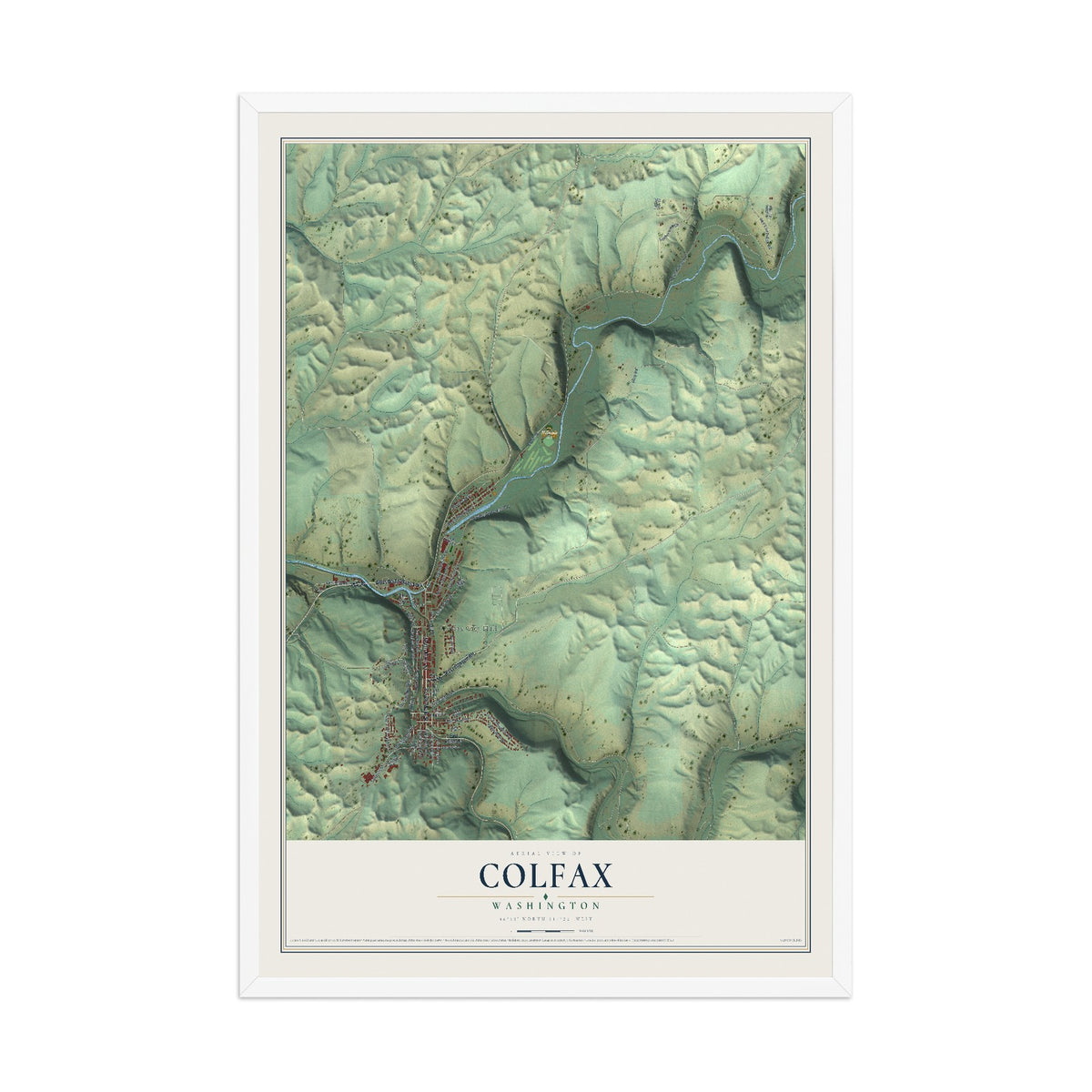 Map of Colfax, Washington, 12 x 18 inch print in a white wood frame