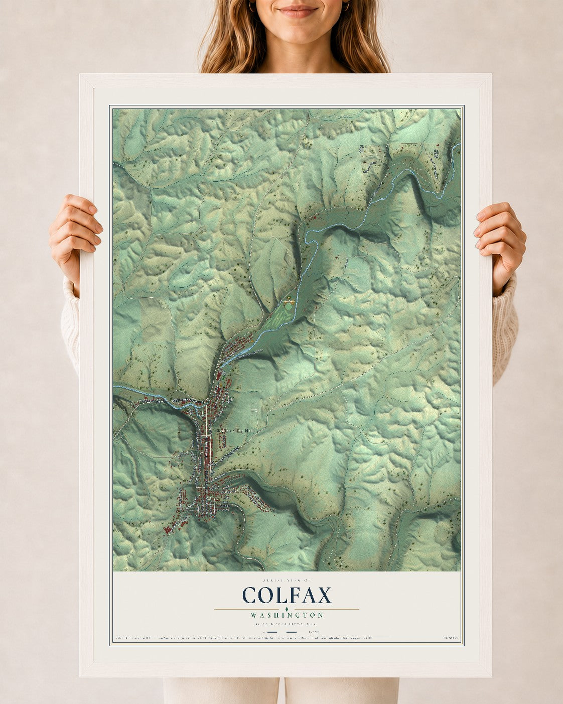 Map of Colfax, Washington, 24 x 36 inch print in a white wood frame