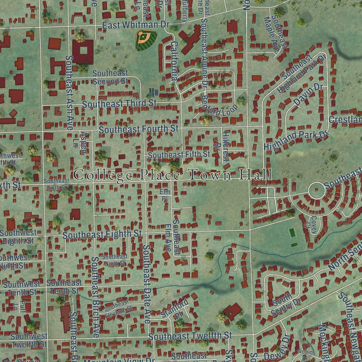 Close-up of the map of College Place, Washington print showing street and building detail