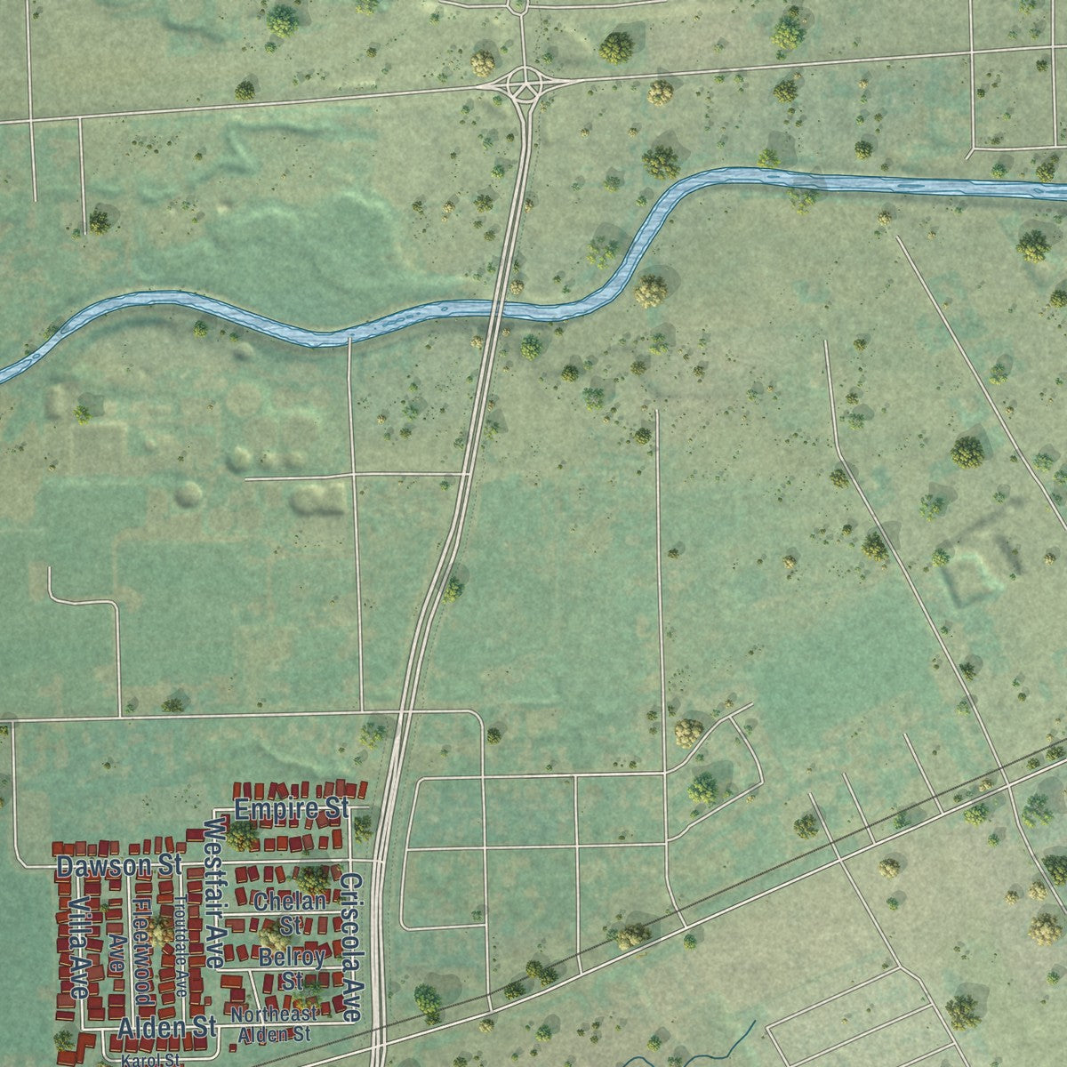 Second close-up of the map of College Place, Washington print showing more streets and buildings