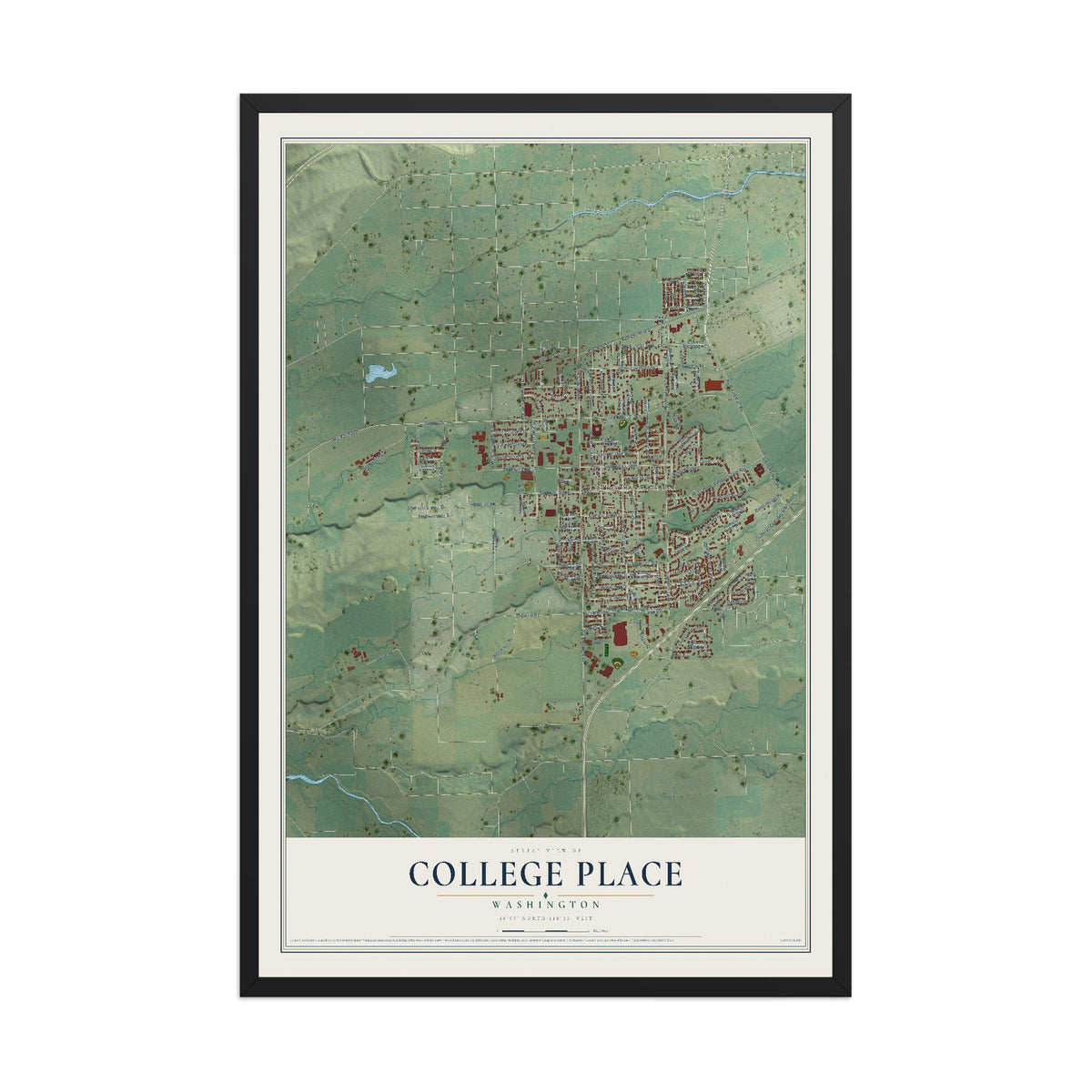 Map of College Place, Washington, 12 x 18 inch print in a black wood frame