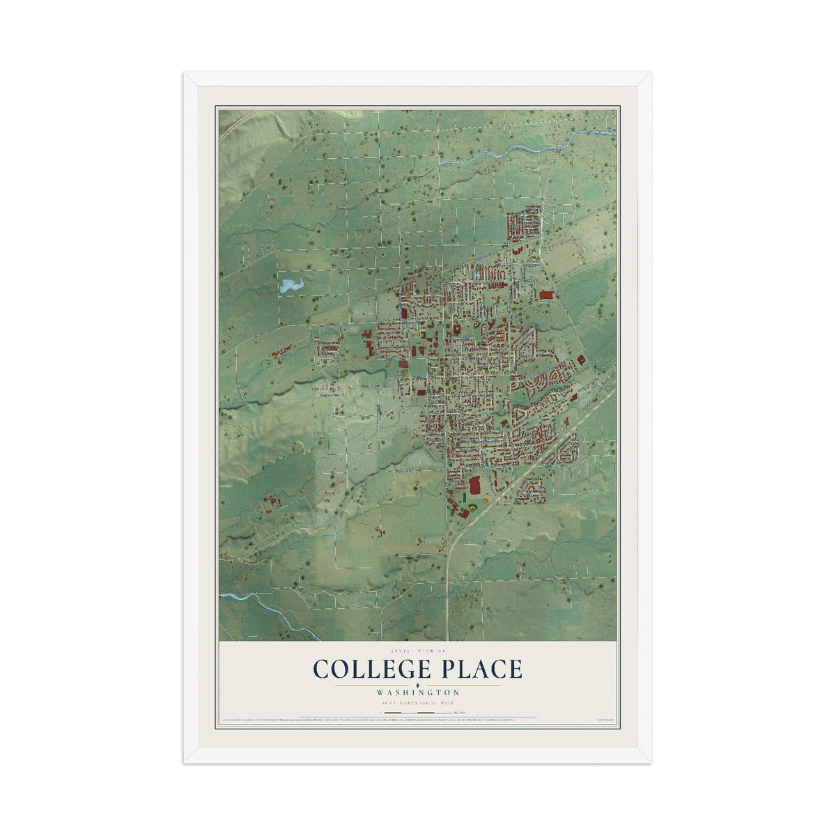 Map of College Place, Washington, 12 x 18 inch print in a white wood frame