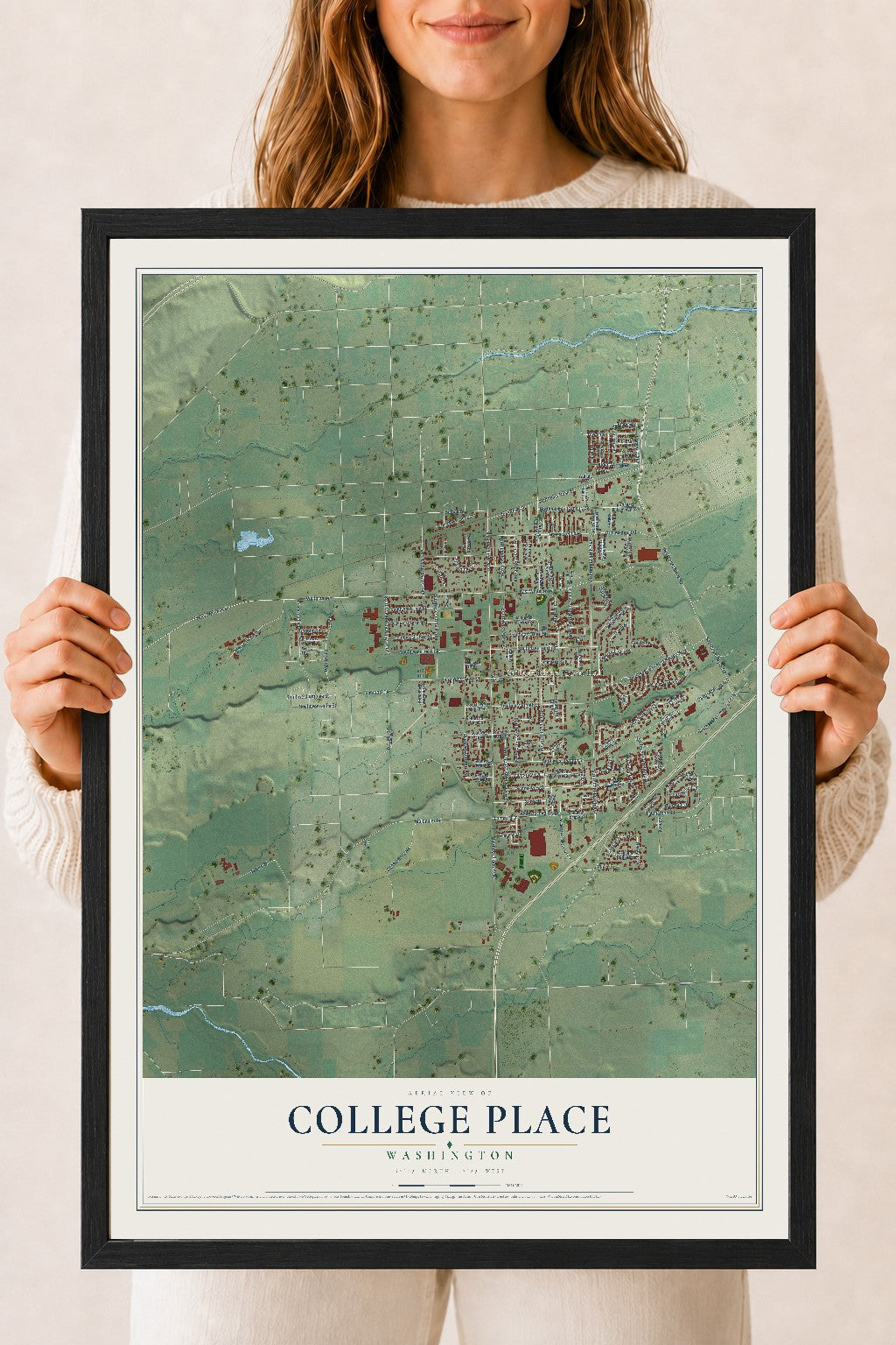 Map of College Place, Washington, 18 x 24 inch print in a black wood frame