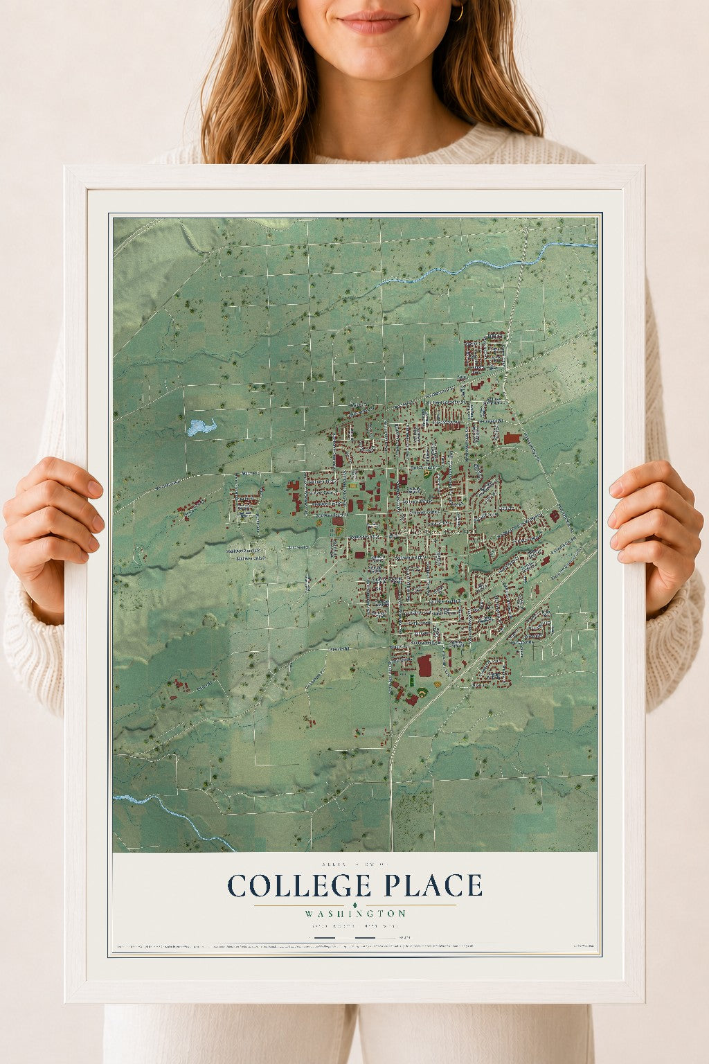 Map of College Place, Washington, 18 x 24 inch print in a white wood frame