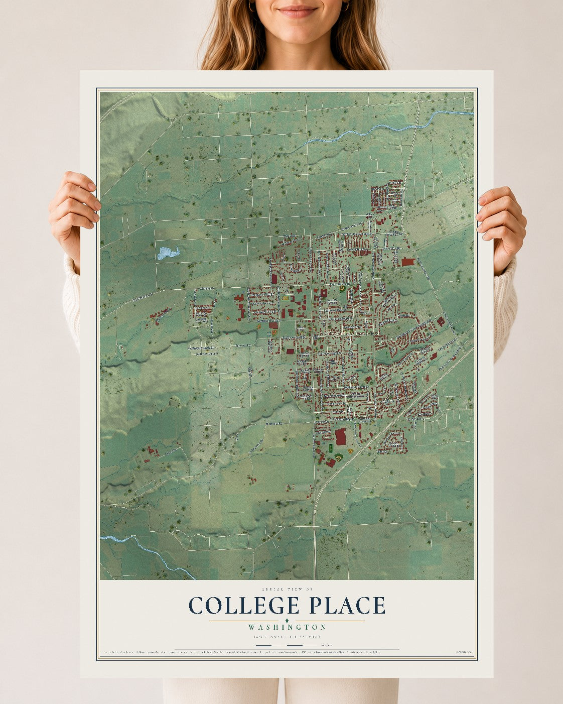 Map of College Place, Washington, 24 x 36 inch unframed archival matte print