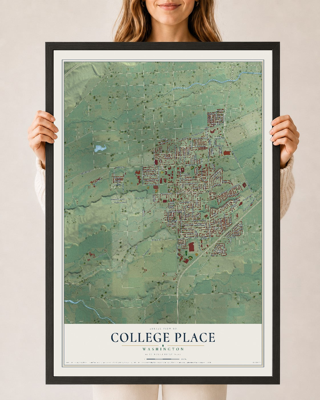 Map of College Place, Washington, 24 x 36 inch print in a black wood frame