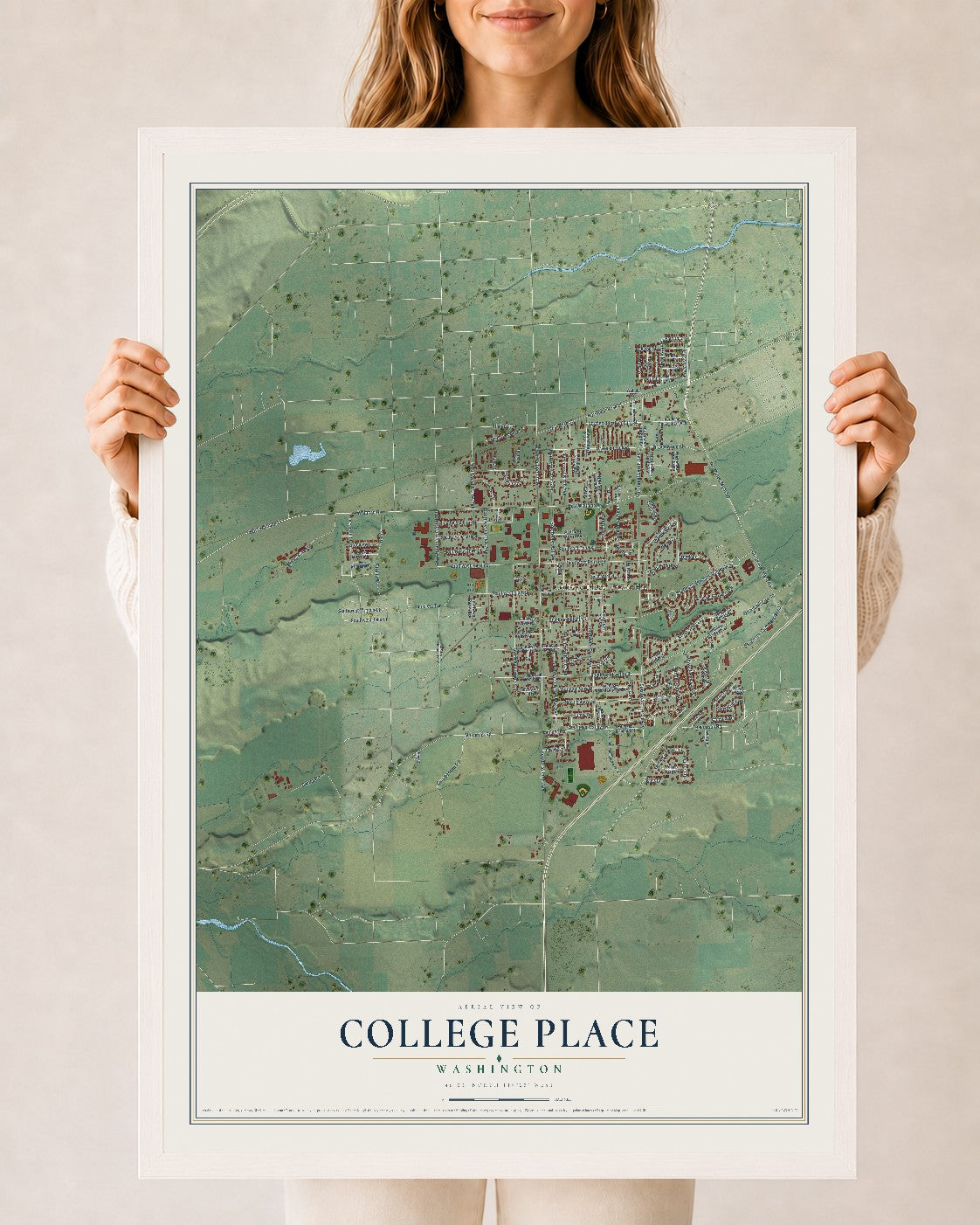 Map of College Place, Washington, 24 x 36 inch print in a white wood frame