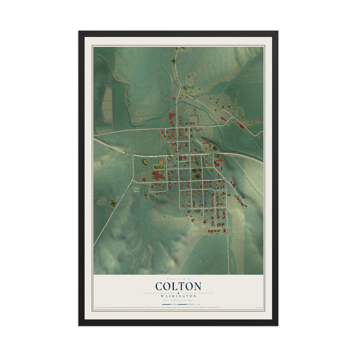 Map of Colton, Washington, 12 x 18 inch print in a black wood frame