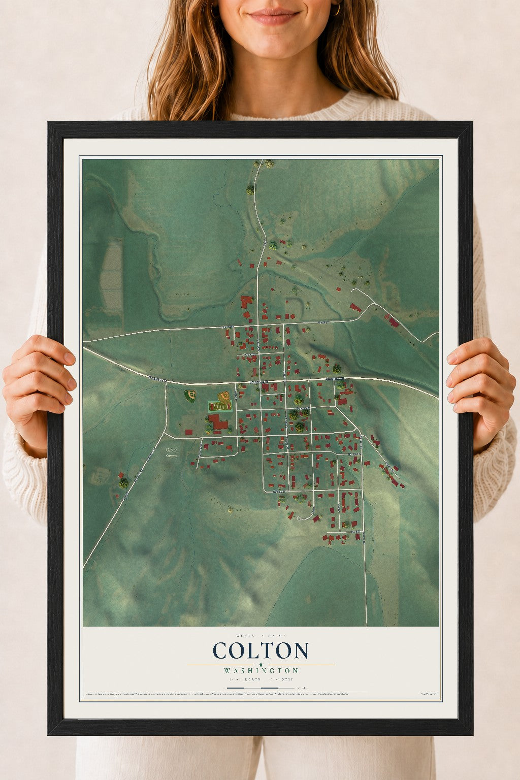 Map of Colton, Washington, 18 x 24 inch print in a black wood frame